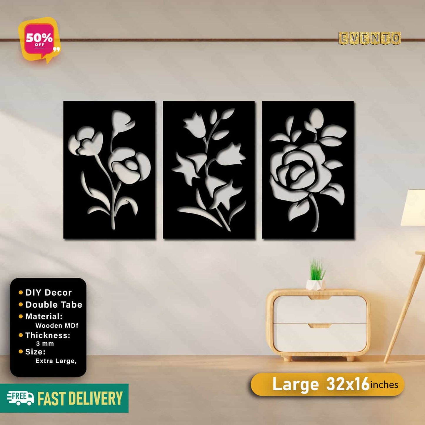 3 Frame Rose Panels For Wall Decor