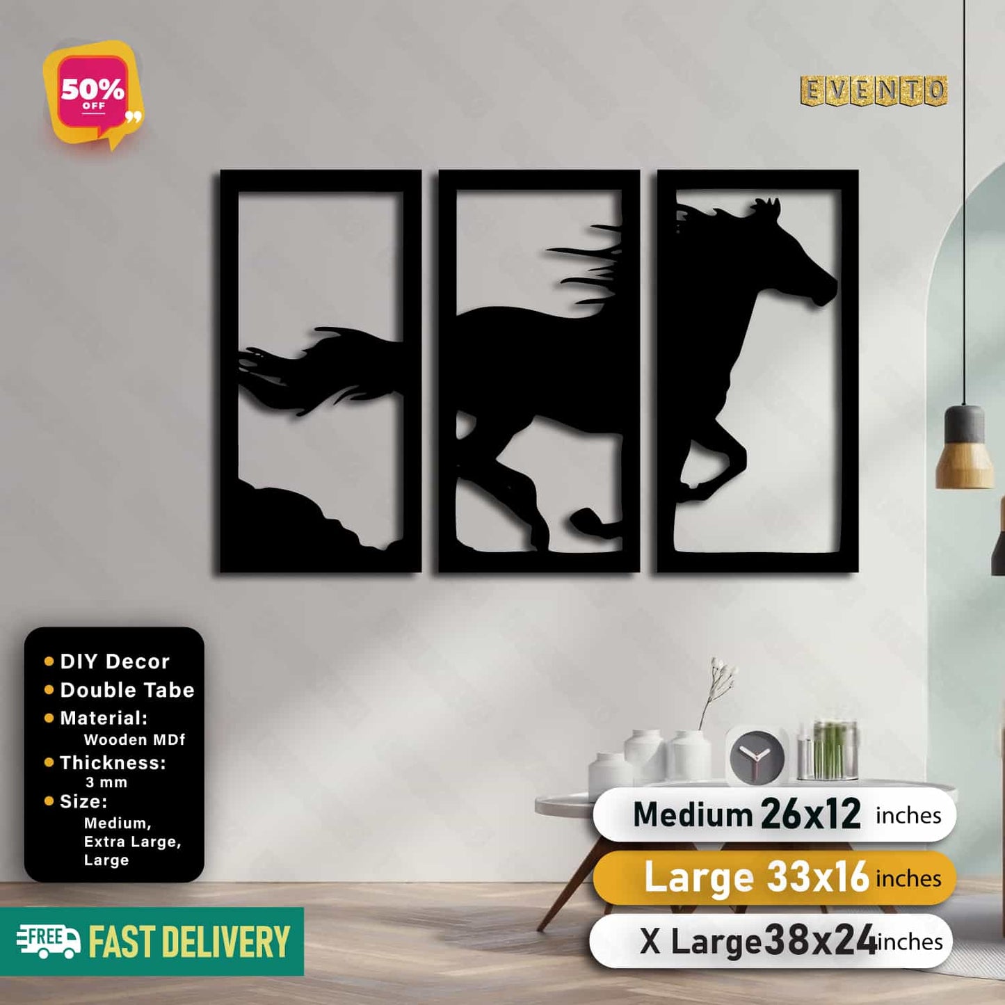 3 Frame Horse Wooden Panels For Wall Decor