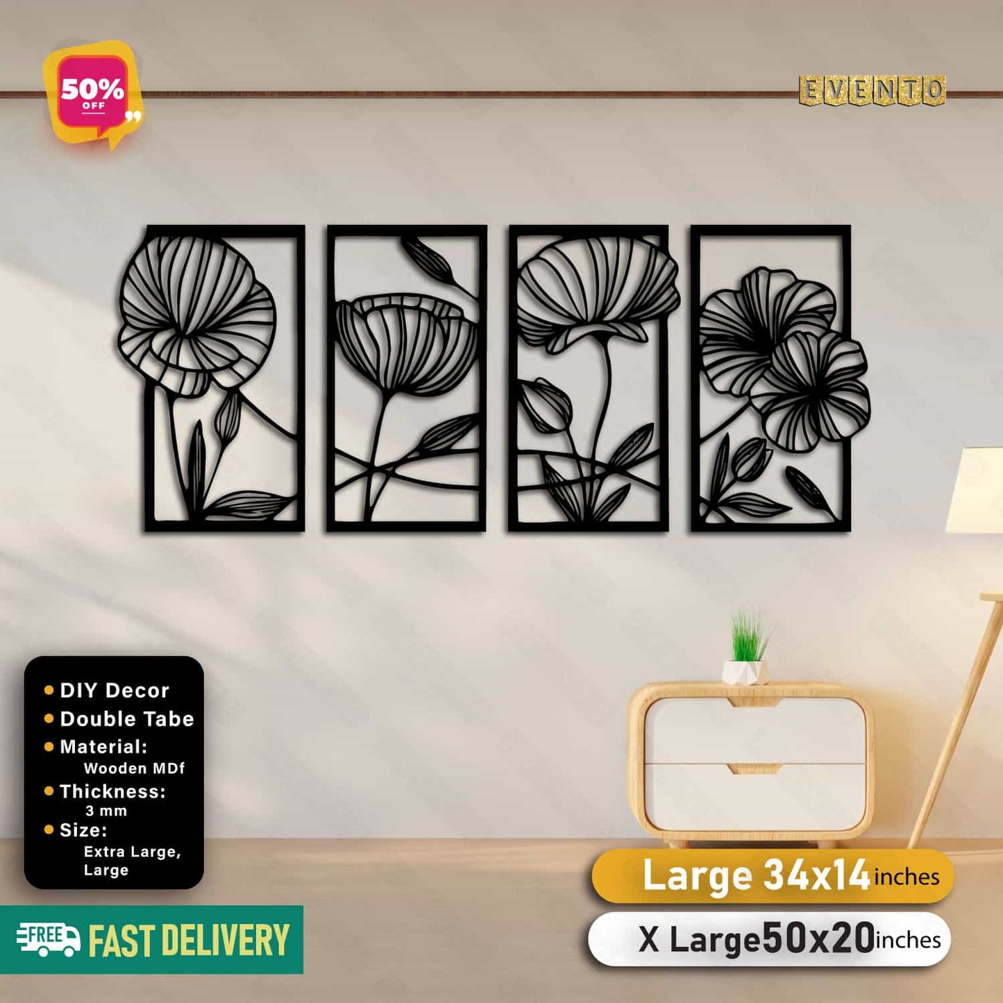 4 Frame Flower Wooden Panels For Wall Decor