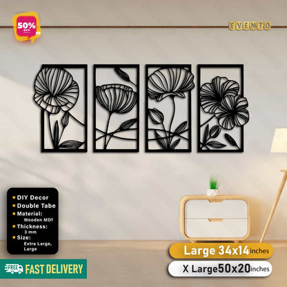 4 Frame Flower Wooden Panels For Wall Decor